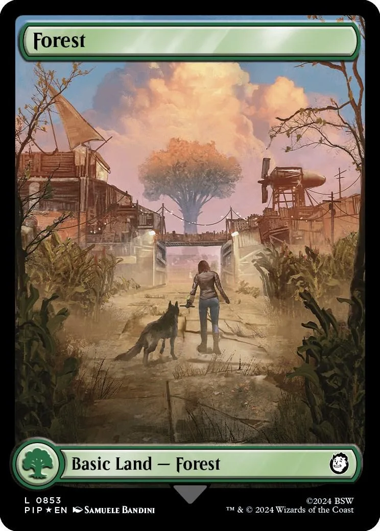 Forest land card art: person and black dog in a misty, rustic landscape.