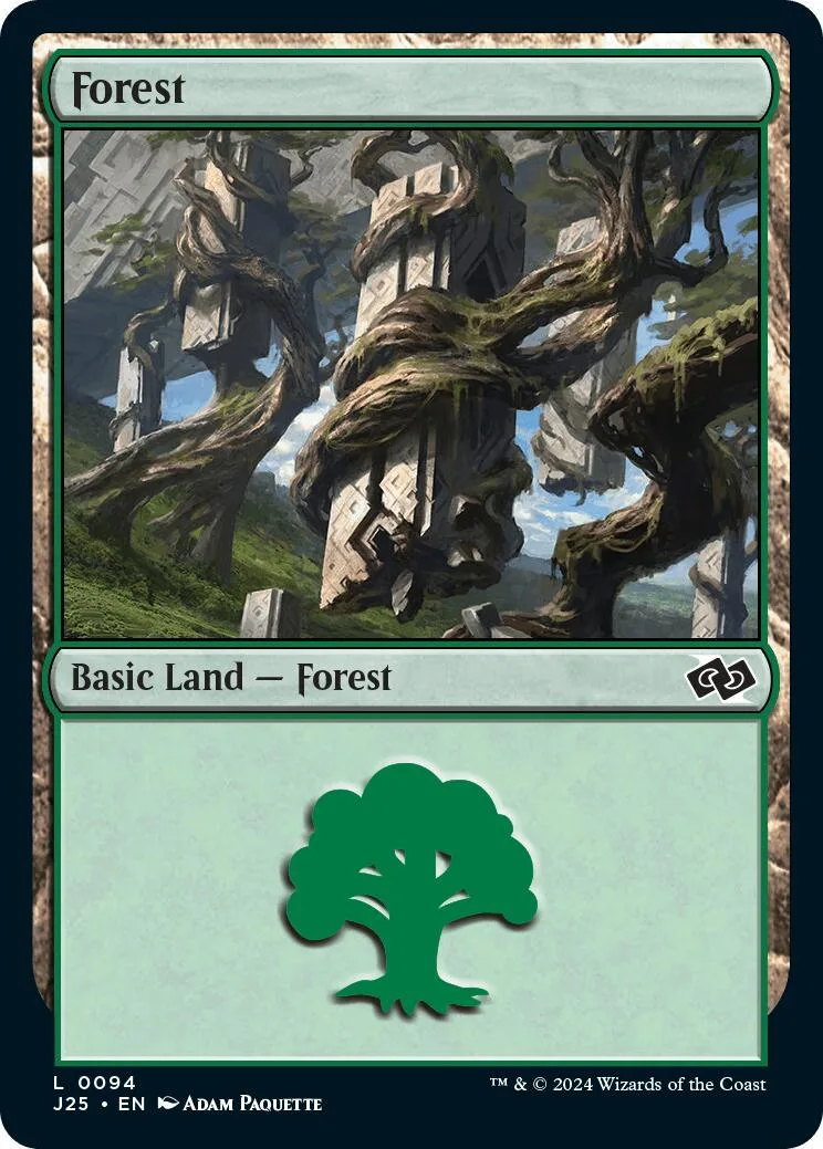 Green forest landscape card with a green tree symbol below.