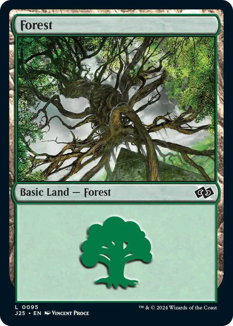 Green forest tree art on a Magic: The Gathering basic land card.