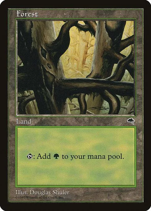 Green forest landscape card with brown trees and green text box.