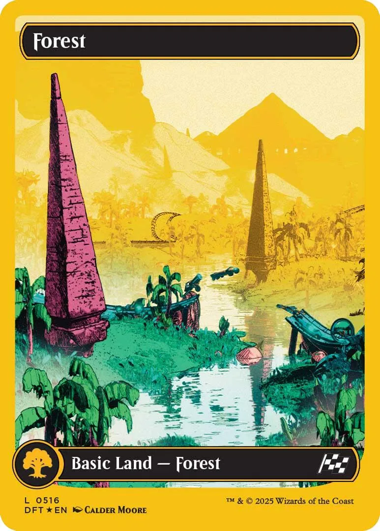 Fantasy landscape card featuring tall pink and black spires in a vibrant green and yellow setting.