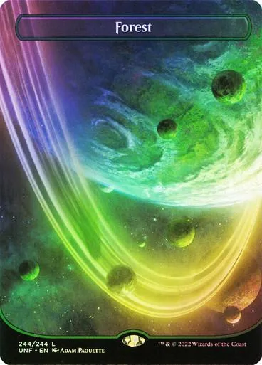 Green and blue cosmic scene on a collectible card titled "Forest.