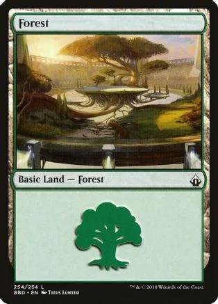 Forest basic land card art showing a lush, green landscape with a pond.
