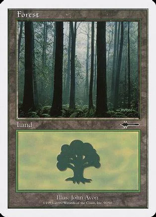 Forest land card art showing a dense, misty forest with dark trees.