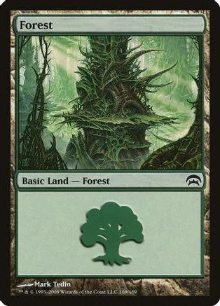 Green forest landscape card with "Basic Land - Forest" text and tree symbol.