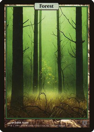 Green forest scene with tall trees and yellow foliage on a card.