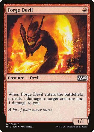 Black devil creature in fiery scene on a Magic: The Gathering card.