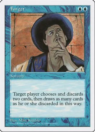 Man in hat, blue and brown tones, Magic: The Gathering card, "Forget" spell.