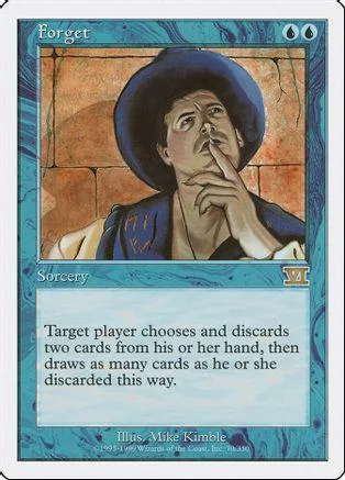 Wizard in blue hat contemplates, Sorcery card art, blue and brown tones.