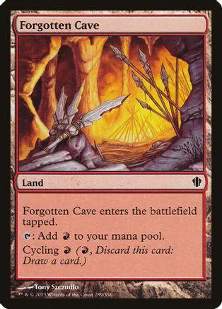 Fantasy cave scene with fiery glow, showing a land card.