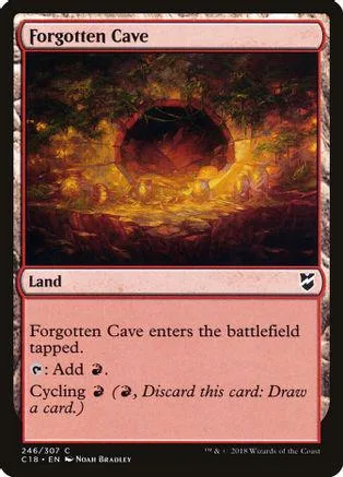 Magic: The Gathering card, Forgotten Cave, dark forest scene, land type.