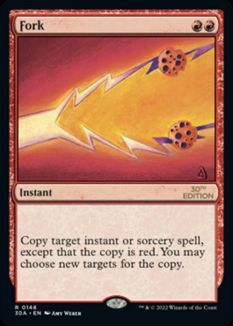 Magic: The Gathering card, Fork, featuring lightning and orange/purple colors.