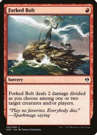 Sorcery card art: figure on rock summoning lightning over stormy sea.