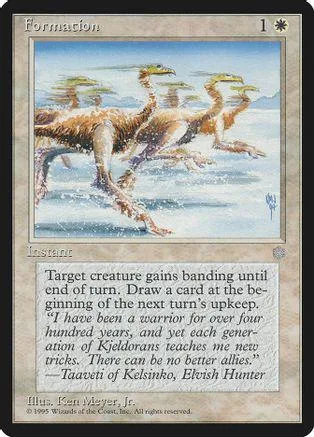 Dinosaur creature art card, brown and blue tones, showing prehistoric scene.
