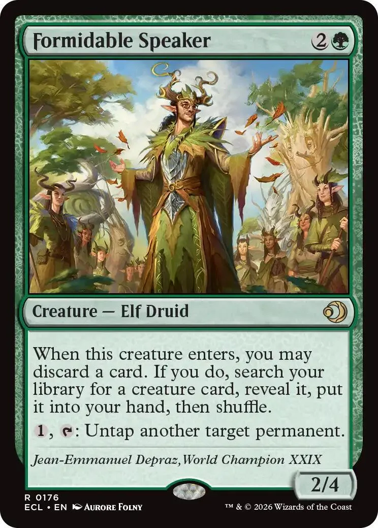 Elf druid with green cloak stands in forest, surrounded by small figures.