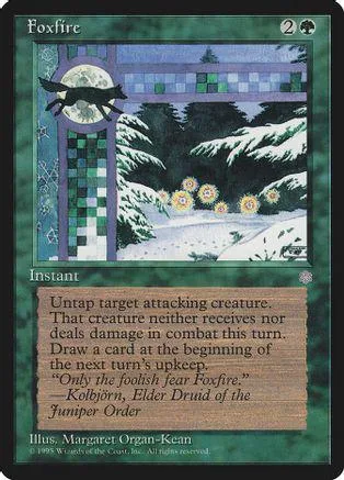 Foxfire Magic: The Gathering card, dark green and purple, showing a night scene.