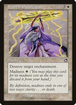Wizard with staff under lightning, purple and yellow hues, Magic: The Gathering card.
