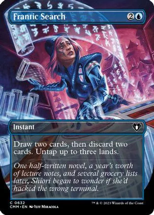 Blue and purple Magic: The Gathering card, "Frantic Search," featuring a woman.