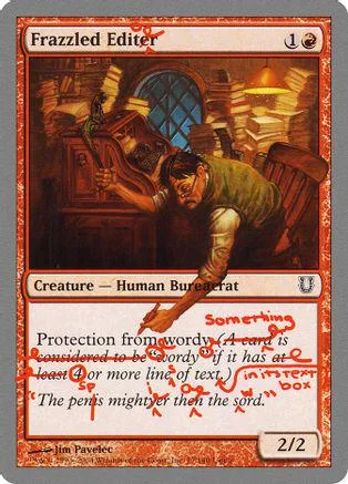 Card art shows man hunched over desk amidst books and warm light.