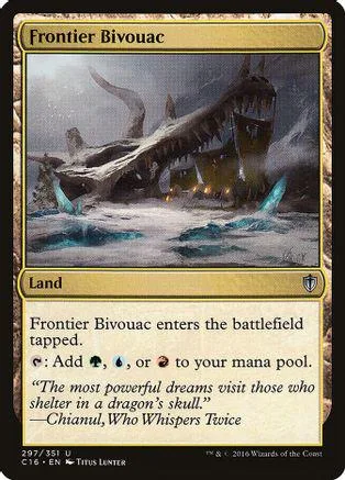 Dark, snowy landscape with a dragon-like structure. Magic: The Gathering land card.
