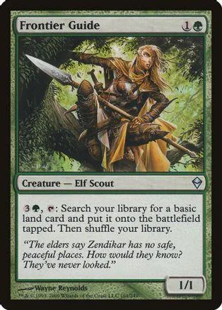Elf scout warrior in forest, wielding a sword, on a green and white card.