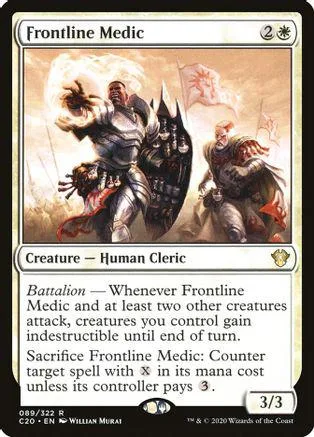 Card art shows armored figures in battle. Frontline Medic creature card.