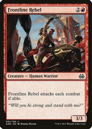 Warrior figure in battle scene on a black and red card.