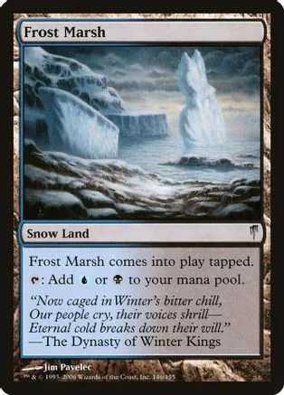Fantasy landscape card art featuring snowy mountains and a waterfall.