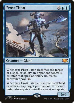 Blue-skinned giant with axe stands on snowy mountain, Frost Titan card.