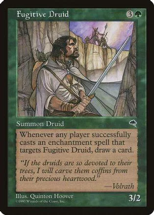 Card art shows bearded man in forest, holding sword, on a green card.