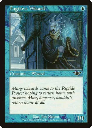 Wizard character in dark robes, holding a book, on a blue and green card.