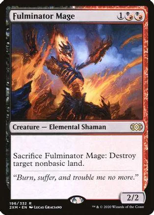 Fire elemental shaman creature card, dark blue and orange artwork, standard card frame.