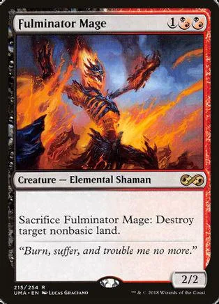 Fire elemental shaman creature card art, orange and blue flames, black border.