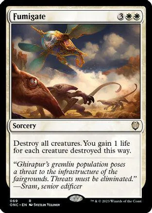 Magic: The Gathering card, Fumigate, featuring a flying creature over a landscape.