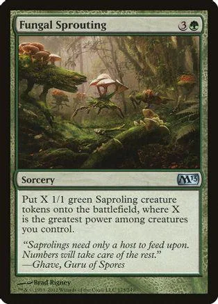 Green forest scene with mushrooms on a Magic: The Gathering card.