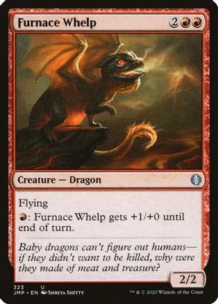 Red and black dragon creature card, Furnace Whelp, in a standard trading card frame.