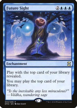 Blue and purple card art featuring a tree between two skulls. Enchantment card.