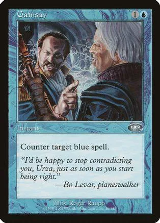 Two men, one with beard, one with white hair, on a blue card.