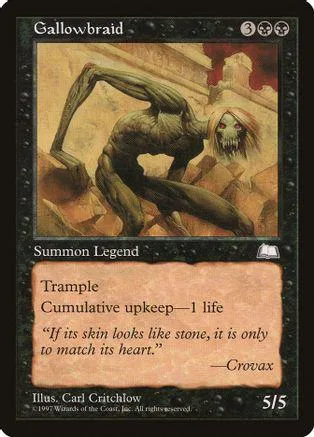 Dark, muscular figure lunging over stone structure on a black card.