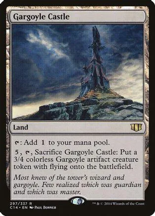 Dark castle on rocky hill, blue and grey tones. Magic: The Gathering land card.