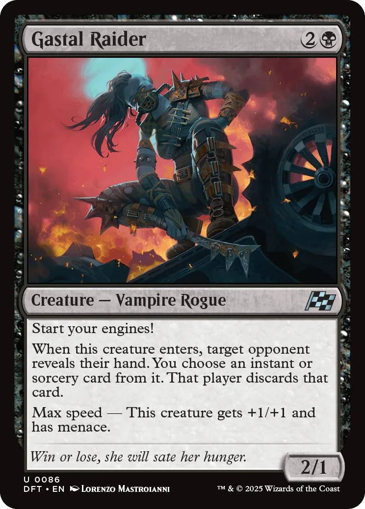 Dark vampire rogue creature card art, red and black tones, showing a menacing figure.