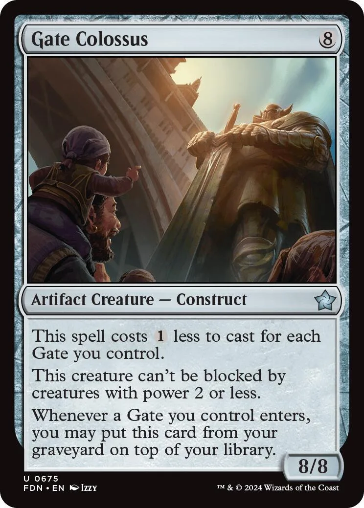 Large, imposing creature on a card with a cityscape background.