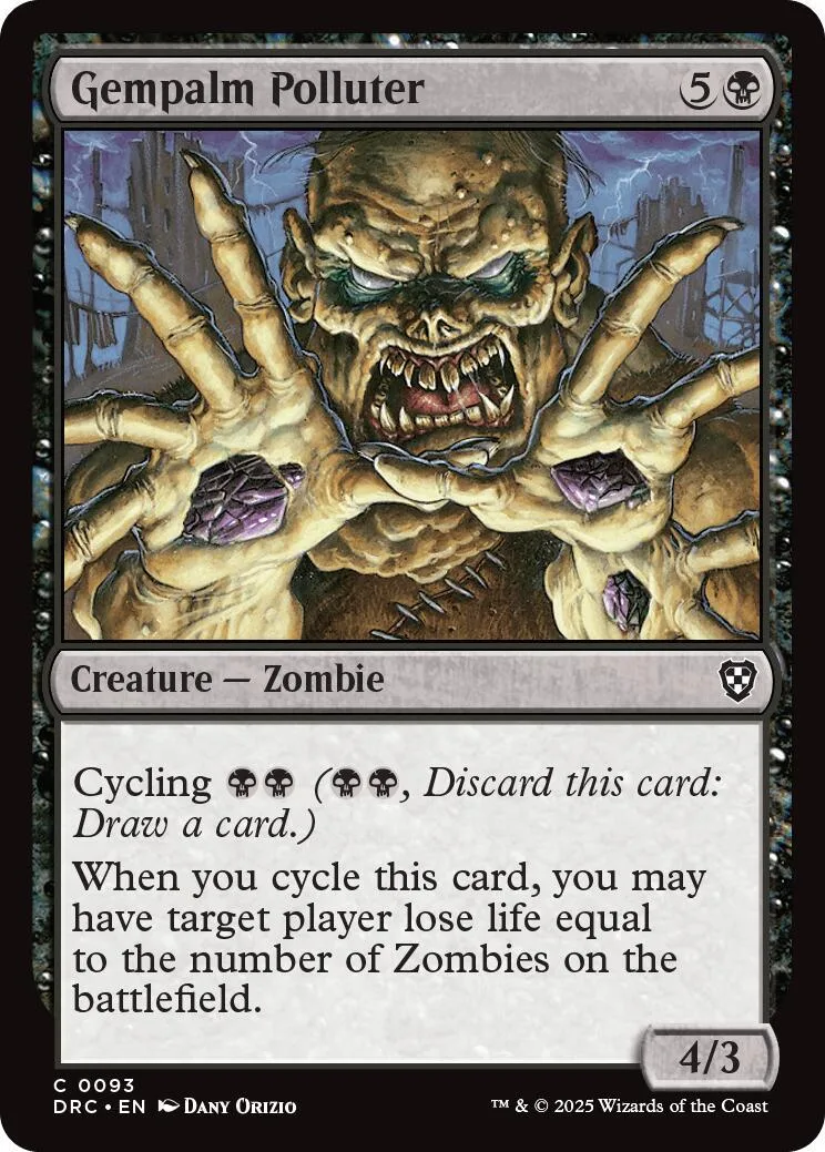 Zombie creature card with large, menacing hands and teeth. Dark, earthy tones.