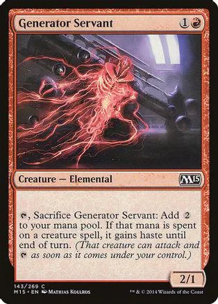 Red energy creature card, Generator Servant, black and red design.