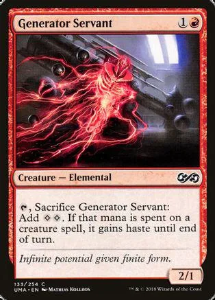 Red elemental creature card with glowing energy, black background, 2/1 stats.