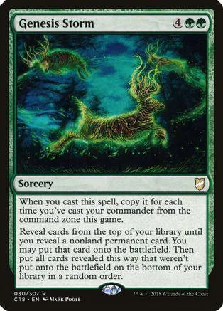 Green, glowing deer in dark, watery forest scene on a Magic: The Gathering card.