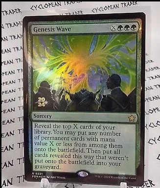 Sorcery card, Genesis Wave, green and yellow energy burst art, in protective case.
