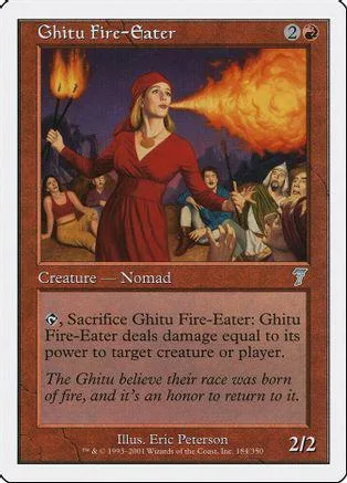 Red-clad woman conjuring fire, creature card art, white border.