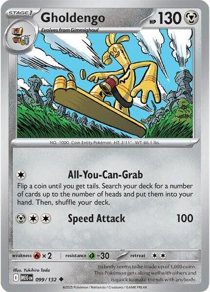 Yellow Pokémon on skateboard against green landscape. Card art.