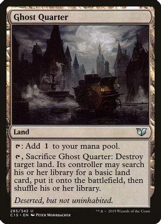 Dark, spooky landscape card art for "Ghost Quarter" land. Black and gray tones.